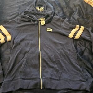 Victoria's Secret PINK Dark Blue Hoodie with Light White And Pink Stripes